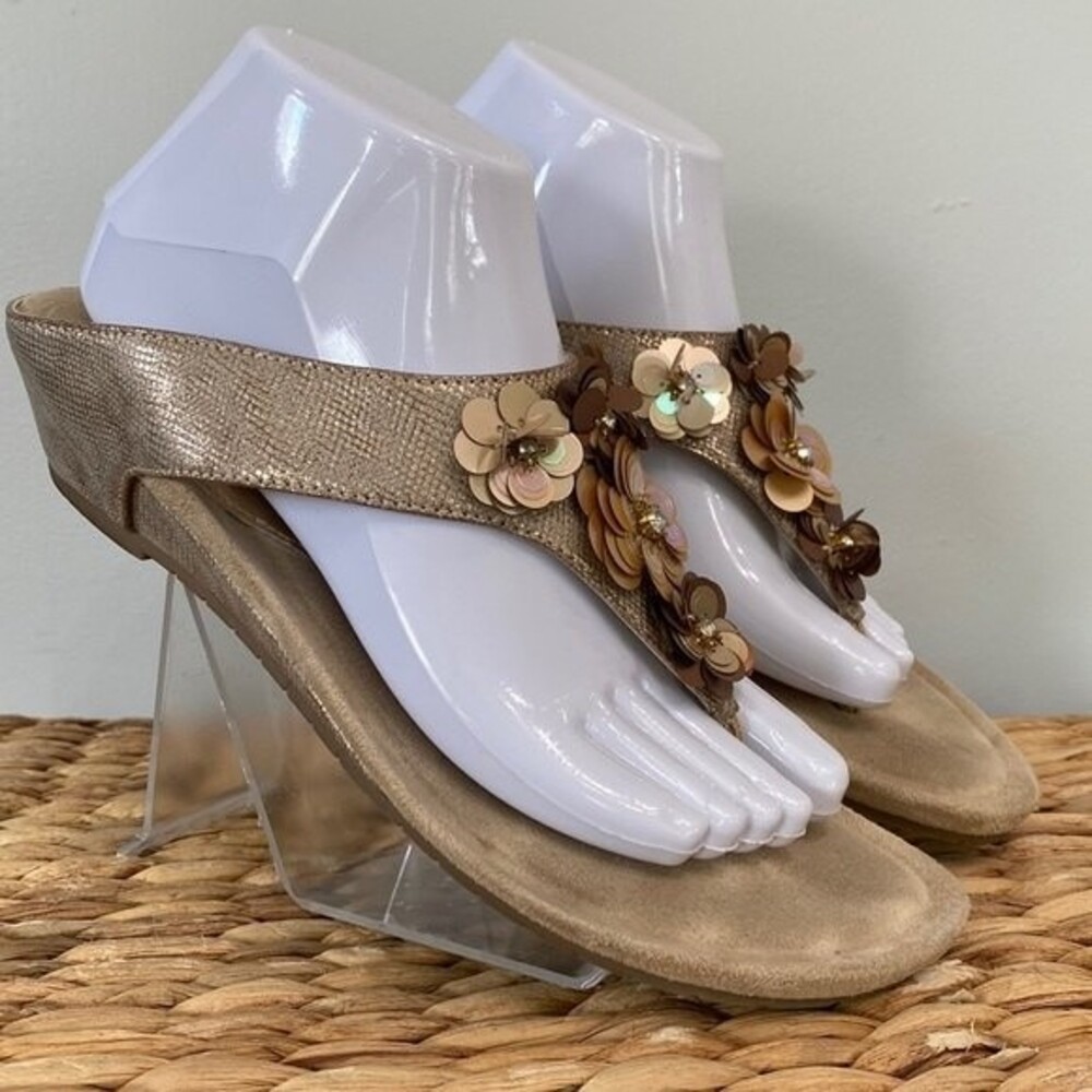 Reaction Kenneth Cole Great Hop Gold Thong Wedge Sandal Flipflop 3-D Floral